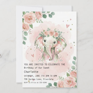 Watercolor Floral Elephant Girl Birthday Invitation
