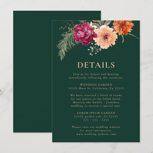 Watercolor floral emerald green Wedding details Enclosure Card (Front/Back)