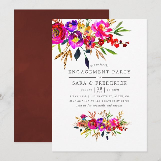 Watercolor Floral Engagement Party Invitation (Front/Back)