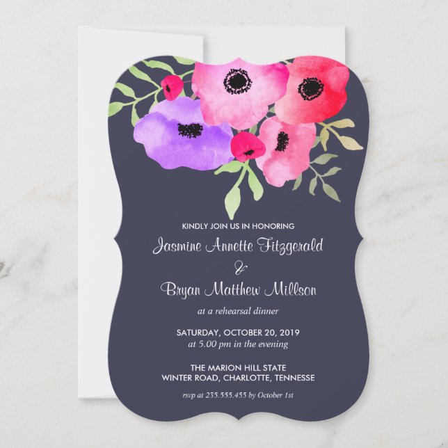 Watercolor Floral Engagement Party Navy Blue Invitation (Front)