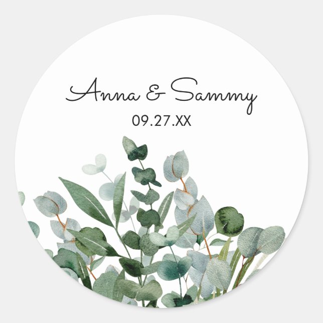 Watercolor Floral Eucalyptus Foliage Wedding Classic Round Sticker (Front)