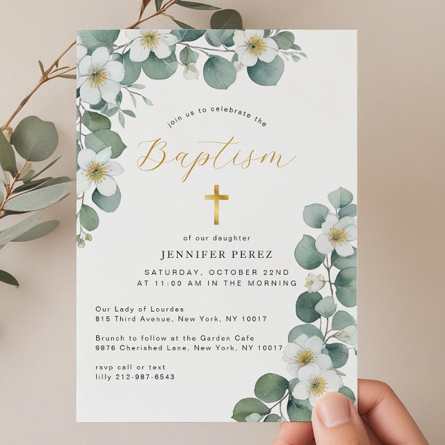Watercolor Floral Eucalyptus Greenery Baptism  Invitation (Gender Neutral Baptism Invitation)