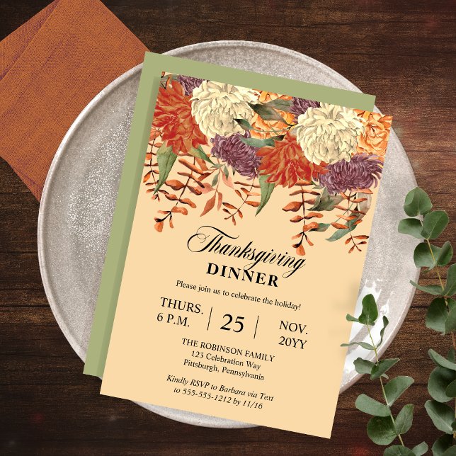 Watercolor Floral | Eucalyptus Thanksgiving Dinner Invitation (Watercolor Floral Eucalyptus Thanksgiving Dinner Invitation with  Light Sage Green Back)