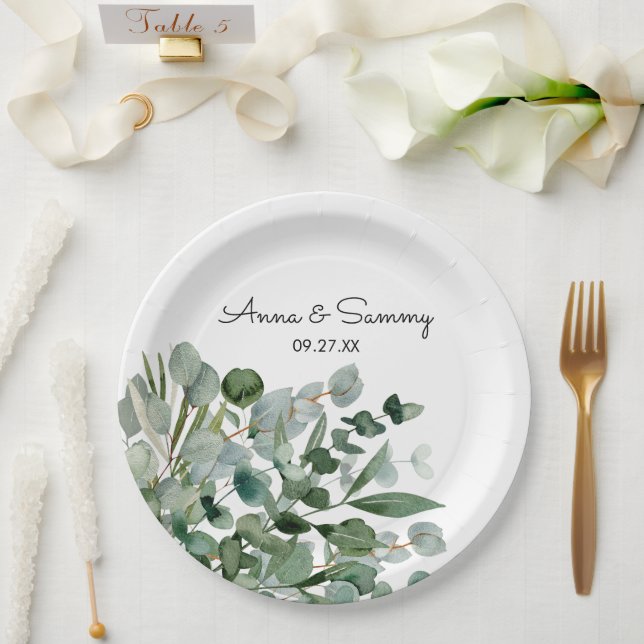 Watercolor Floral Eucalyptus Wedding  Paper Plate (Wedding)