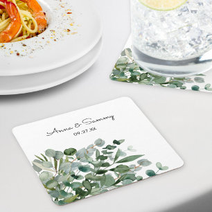 Watercolor Floral Eucalyptus Wedding  Square Paper Coaster