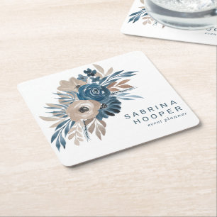 Watercolor Floral Event Planner Indigo Beige Sepia Square Paper Coaster