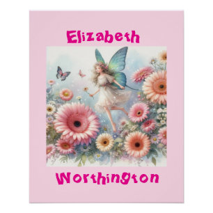 Watercolor floral fairy princess typography pink  poster