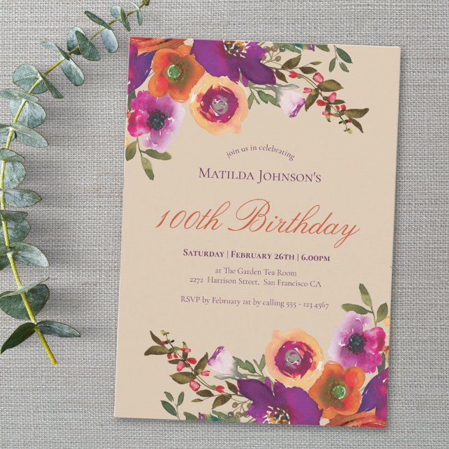 Watercolor Floral Fall 100th Birthday Invitation (Watercolor Floral Fall 100th Birthday Invitation)