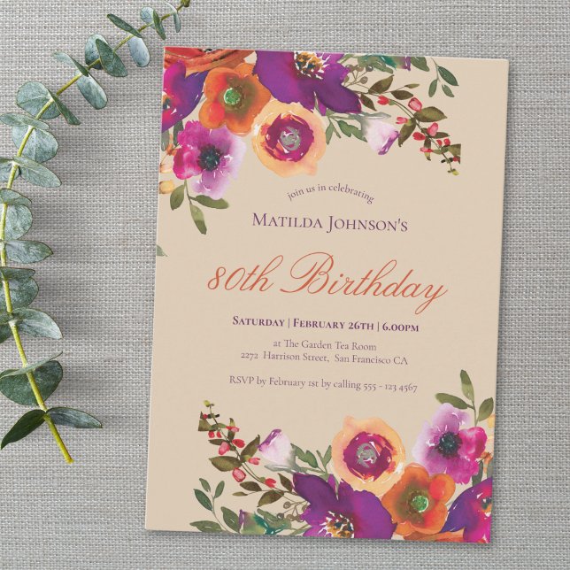 Watercolor Floral Fall 80th Birthday Invitation (Watercolor Floral Fall 80th Birthday Invitation)