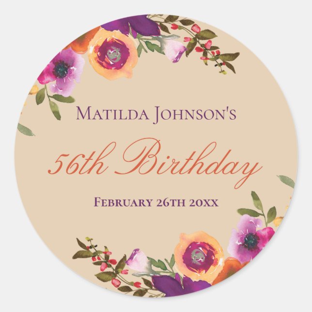 Watercolor Floral Fall Birthday Party Classic Round Sticker (Front)