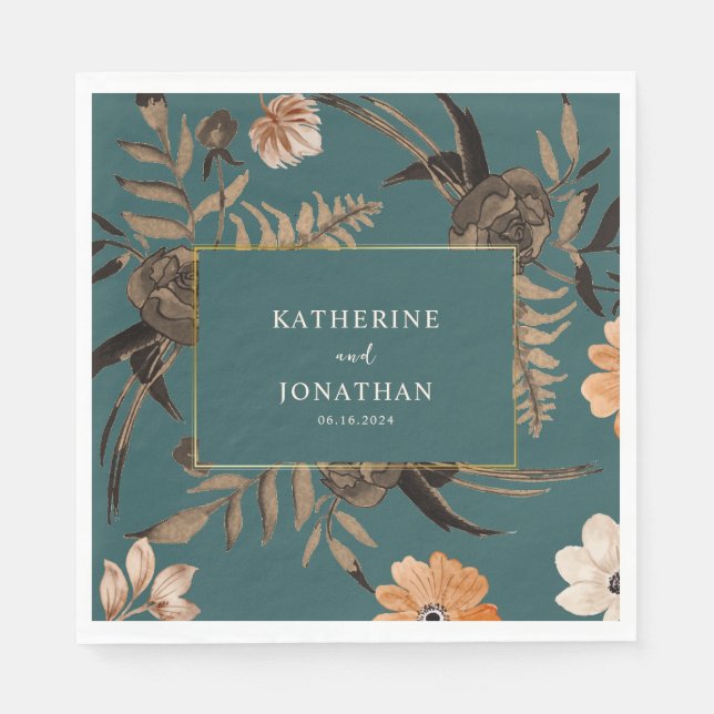 Watercolor floral fall foliage leaves Teal Wedding Napkin (Front)