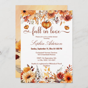 Watercolor Floral Fall In Love Pumpkin Hearts Invitation