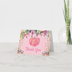 Watercolor Floral Fall Pumpkin Pink Gold Glitter Thank You Card