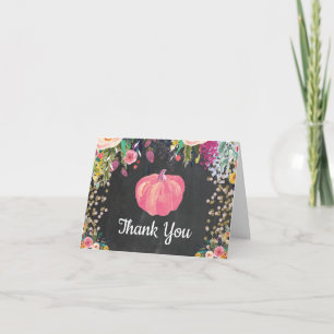 Watercolor Floral Fall Pumpkin Pink Gold Glitter Thank You Card