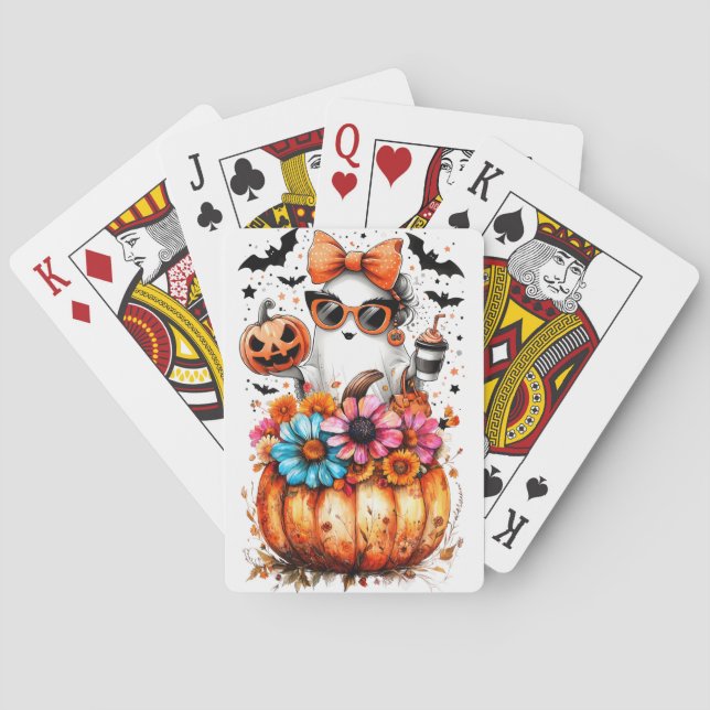 Watercolor Floral Fall Pumpkin Playing Cards (Back)