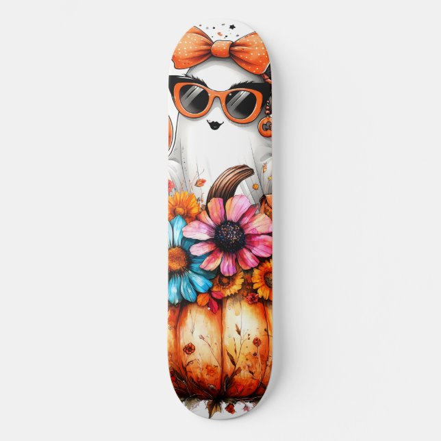 Watercolor Floral Fall Pumpkin Skateboard (Front)