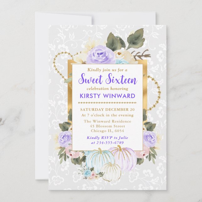 Watercolor Floral Fall Pumpkins Sweet 16 Invitation (Front)