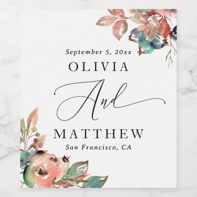 Watercolor Floral Fall Wedding | Elegant Rustic Wine Label (Single Label)