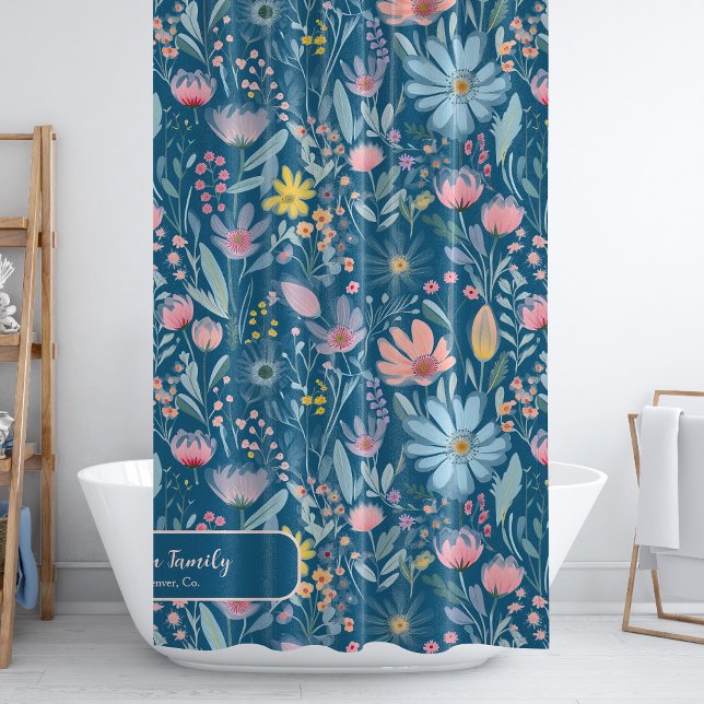 Watercolor floral family name personalised blue shower curtain (Creator Uploaded)