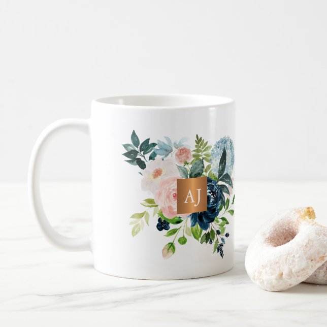 Watercolor floral feminine gold monogrammed chic coffee mug (With Donut)