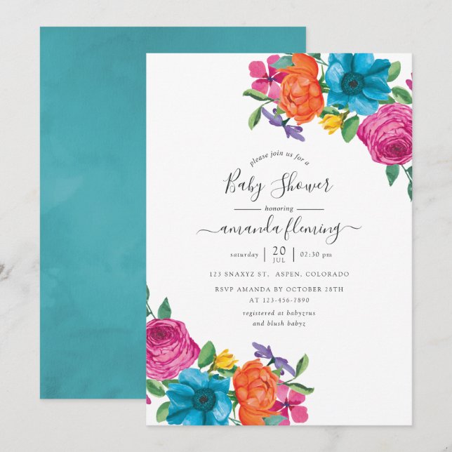 Watercolor Floral Fiesta Baby Shower Invitation (Front/Back)