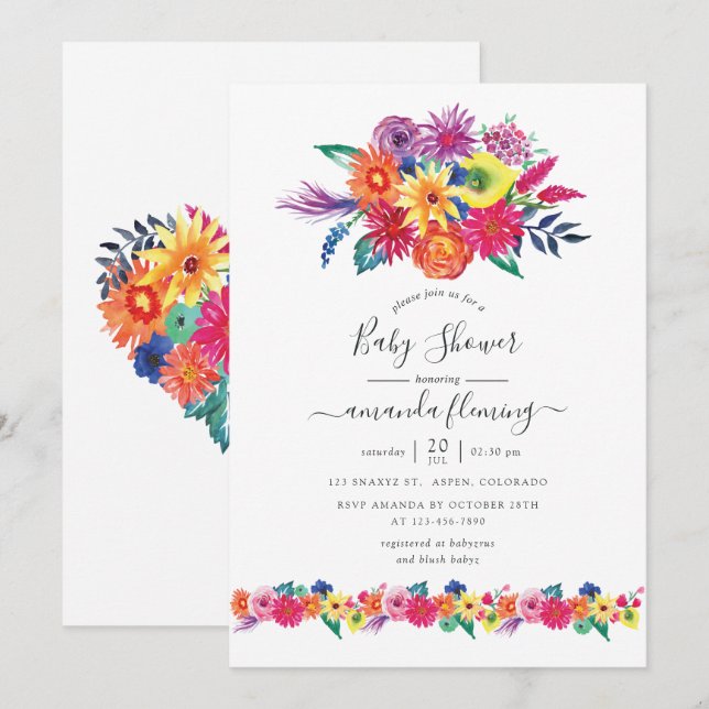 Watercolor Floral Fiesta Baby Shower Invitation (Front/Back)