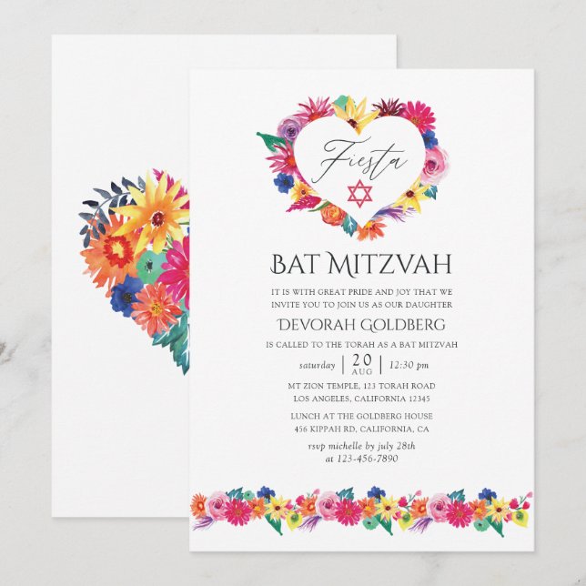 Watercolor Floral Fiesta Bat Mitzvah Invitation (Front/Back)