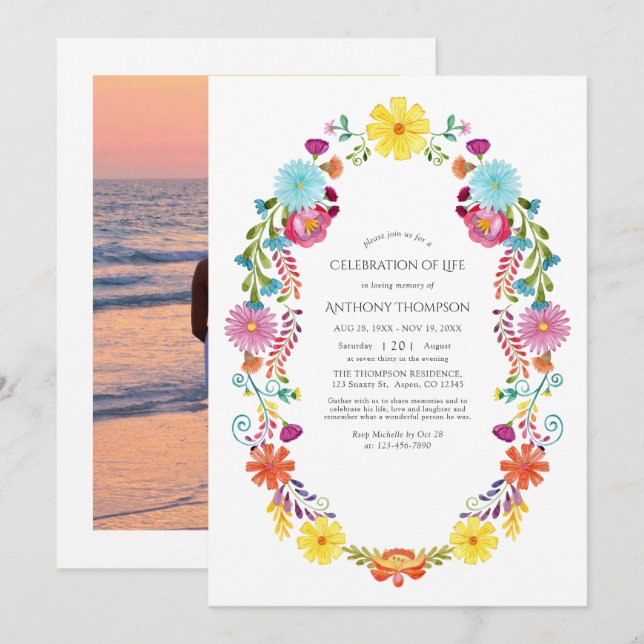 Watercolor Floral Fiesta Celebration of Life Photo Invitation (Front/Back)