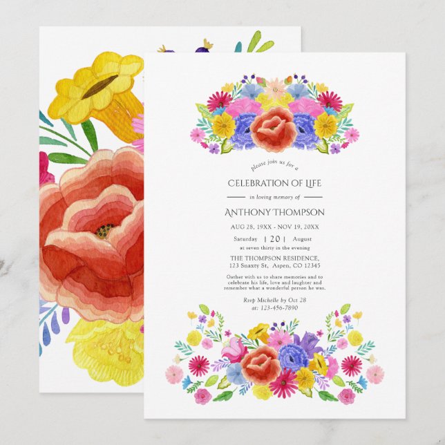 Watercolor Floral Fiesta Celebration of Life Photo Invitation (Front/Back)