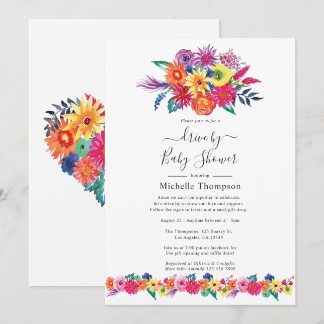Watercolor Floral Fiesta Drive By Shower Invitation (Front/Back)