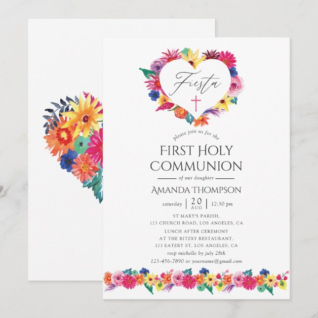 Watercolor Floral Fiesta First Holy Communion Invitation (Front/Back)