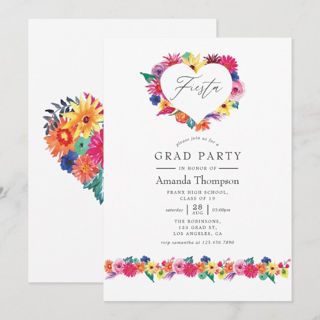 Watercolor Floral Fiesta Graduation Party Invitation (Front/Back)