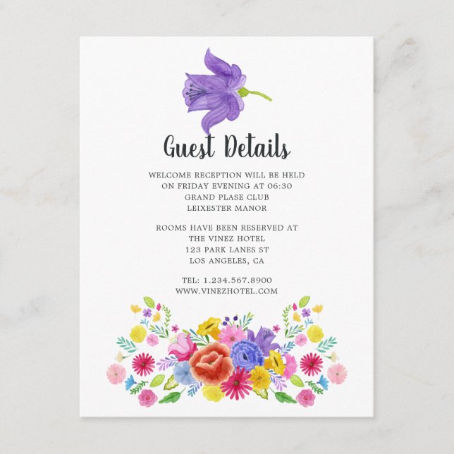 Watercolor Floral Fiesta Guest Details Enclosure Card (Front)