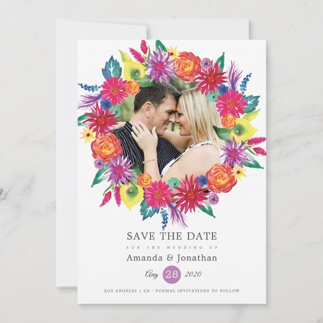 Watercolor Floral Fiesta Photo Wedding Save The Date (Front)