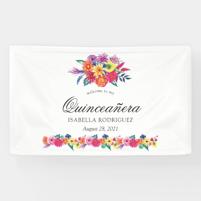 Watercolor Floral Fiesta Quinceañera Banner (Horizontal)