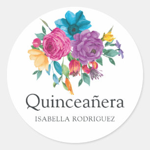 Watercolor Floral Fiesta Quinceañera Classic Round Sticker