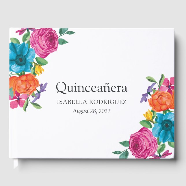 Watercolor Floral Fiesta Quinceañera Guest Book (Front)