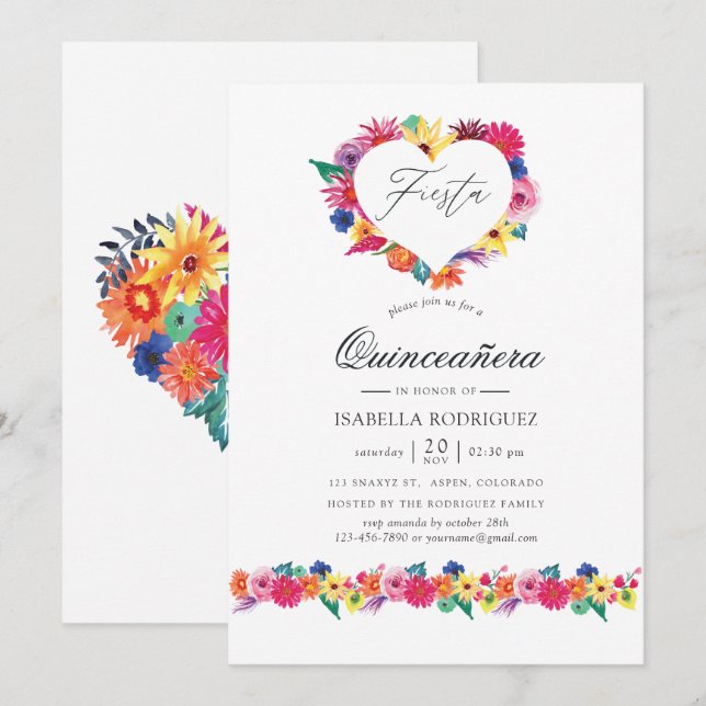 Watercolor Floral Fiesta Quinceañera Invitation (Front/Back)