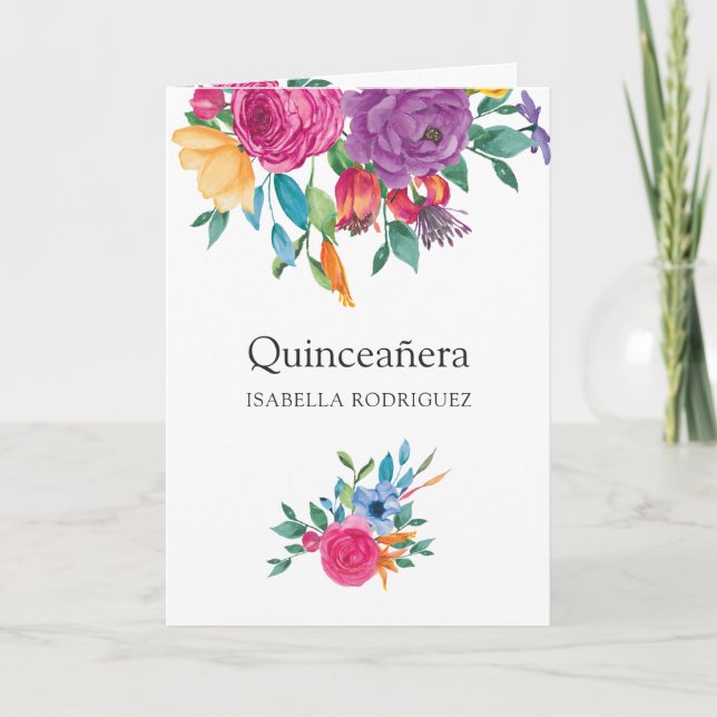 Watercolor Floral Fiesta Quinceañera Photo Invitation (Front)