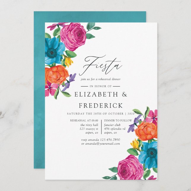 Watercolor Floral Fiesta Rehearsal Dinner Invitation (Front/Back)