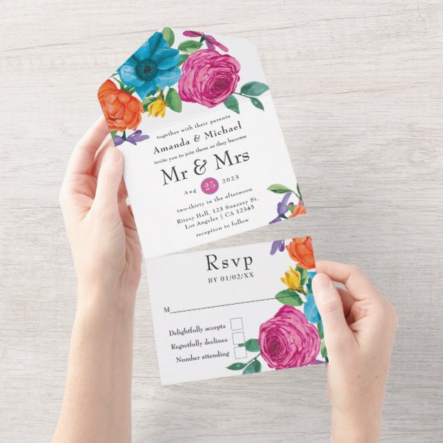 Watercolor Floral Fiesta Wedding All In One Invitation (Tearaway)