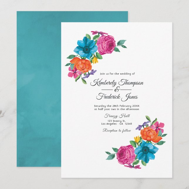Watercolor Floral Fiesta Wedding Invitation (Front/Back)