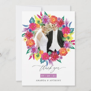Watercolor Floral Fiesta Wedding Photo Collage Thank You Card