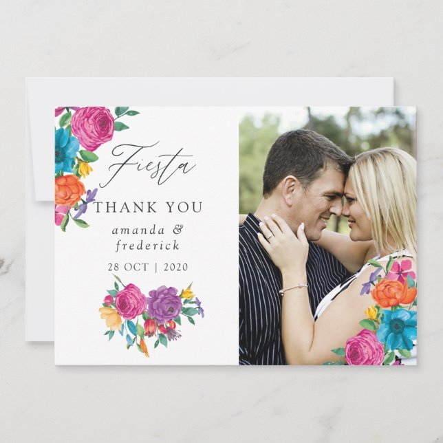 Watercolor Floral Fiesta Wedding Photo Thank You Card (Front)