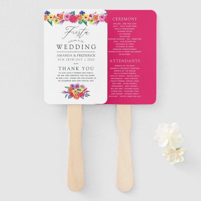 Watercolor Floral Fiesta Wedding Program Hand Fan (Front and Back)