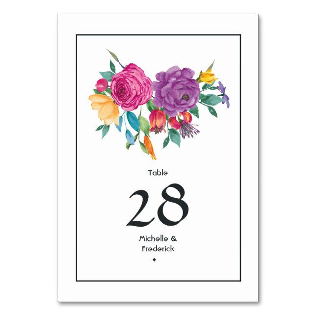 Watercolor Floral Fiesta Wedding Table Number (Front)