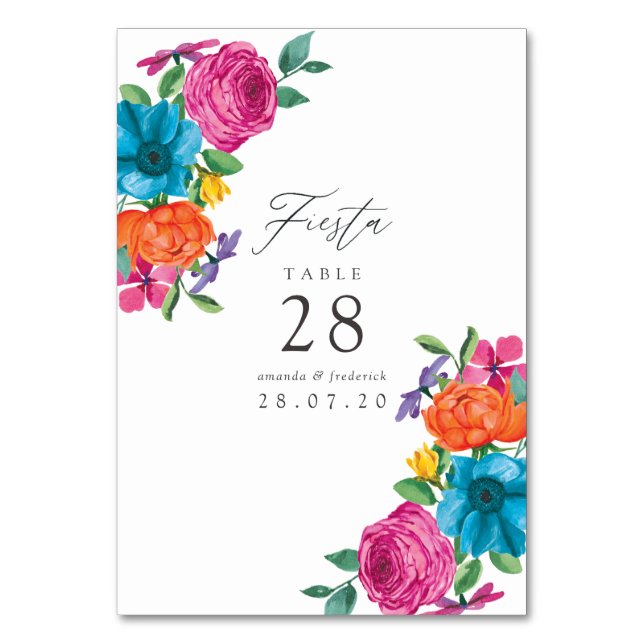 Watercolor Floral Fiesta Wedding Table Number (Front)