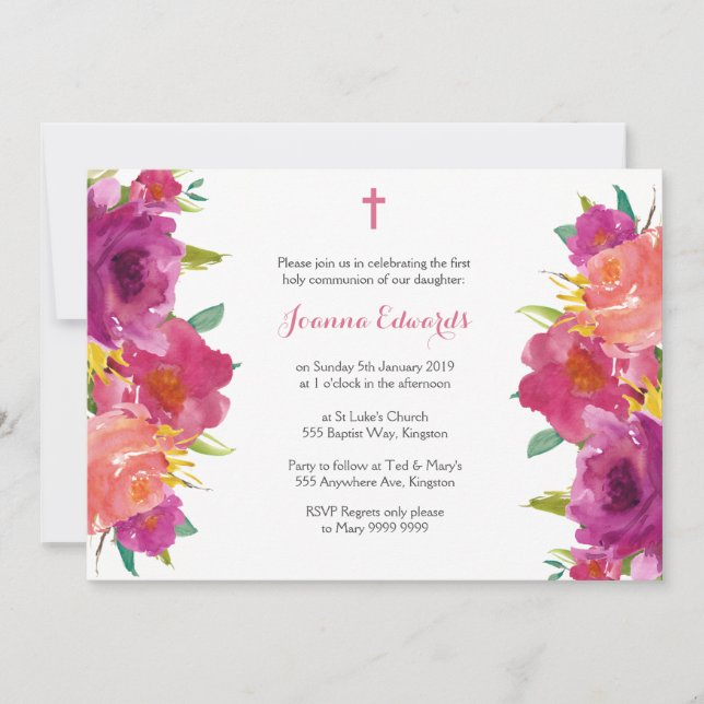 Watercolor Floral First Communion Personalised Invitation (Front)