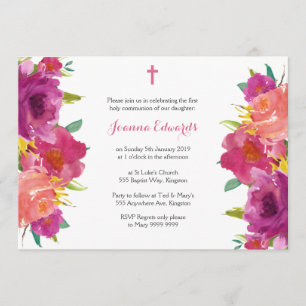 Watercolor Floral First Communion Personalised Invitation