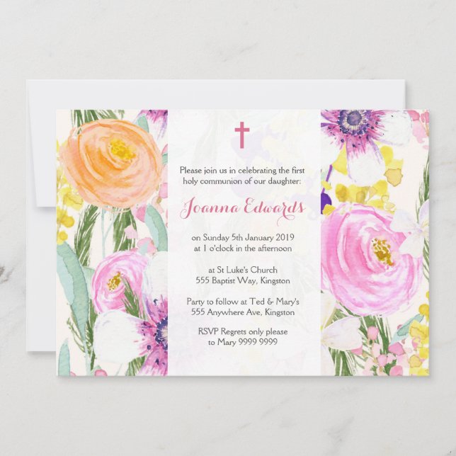 Watercolor Floral First Communion Personalised Invitation (Front)